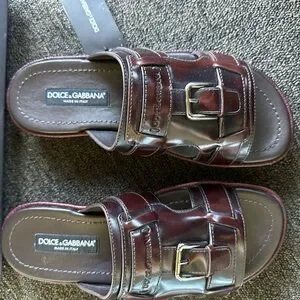 Dolce & Gabbana Dark Red Leather Slides Calfskin sliders with DG logo in Red for Women  main image 2